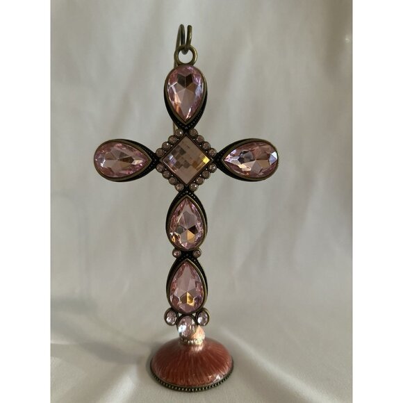 Kirklands Pink With Gold/Brass Colored Stone Cross With Pink/Metal Stand Holder - Picture 16 of 16